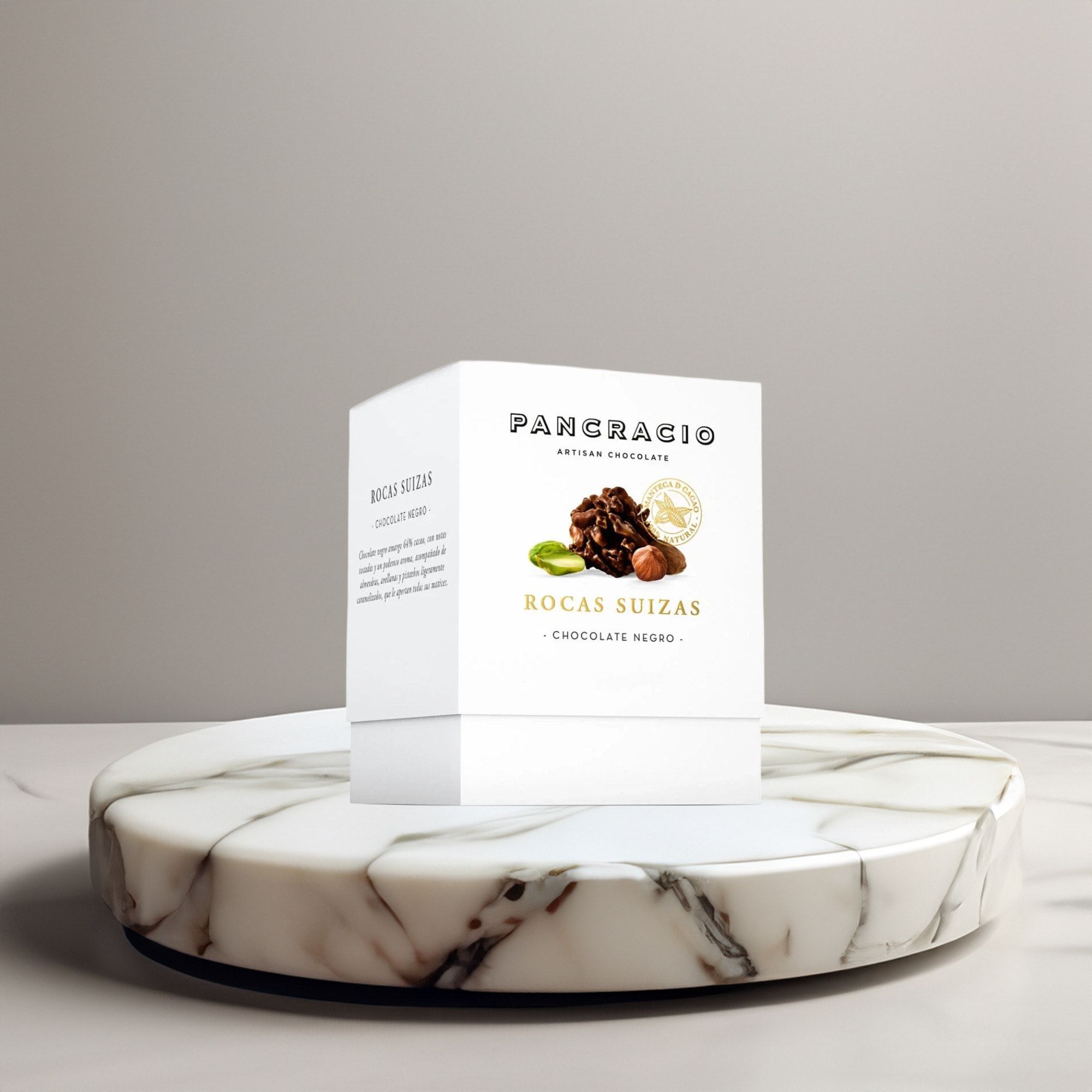 Caja Pancracio de rocas suizas con chocolate negro.