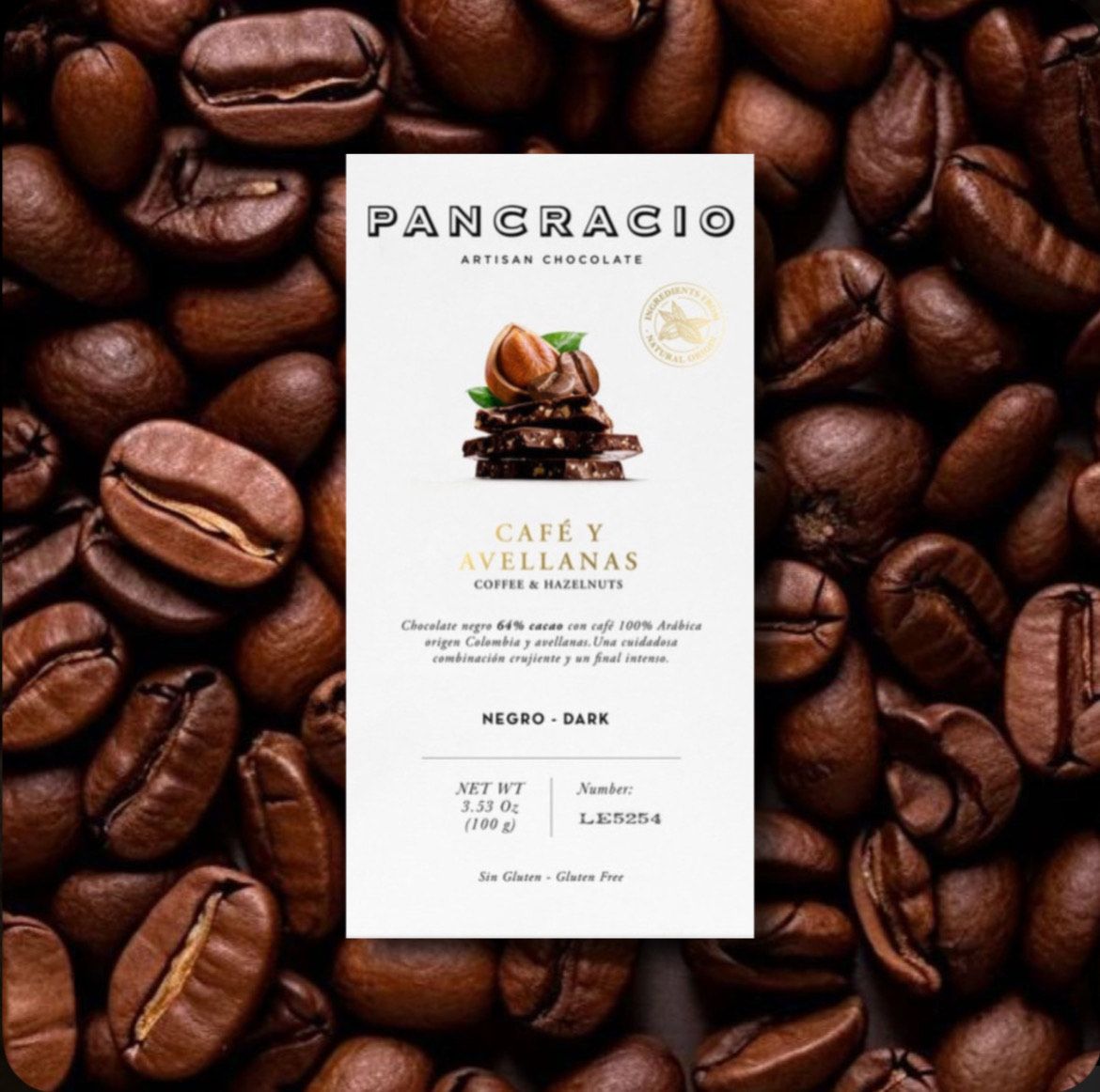 Chocolate negro Pancracio con café y avellanas.