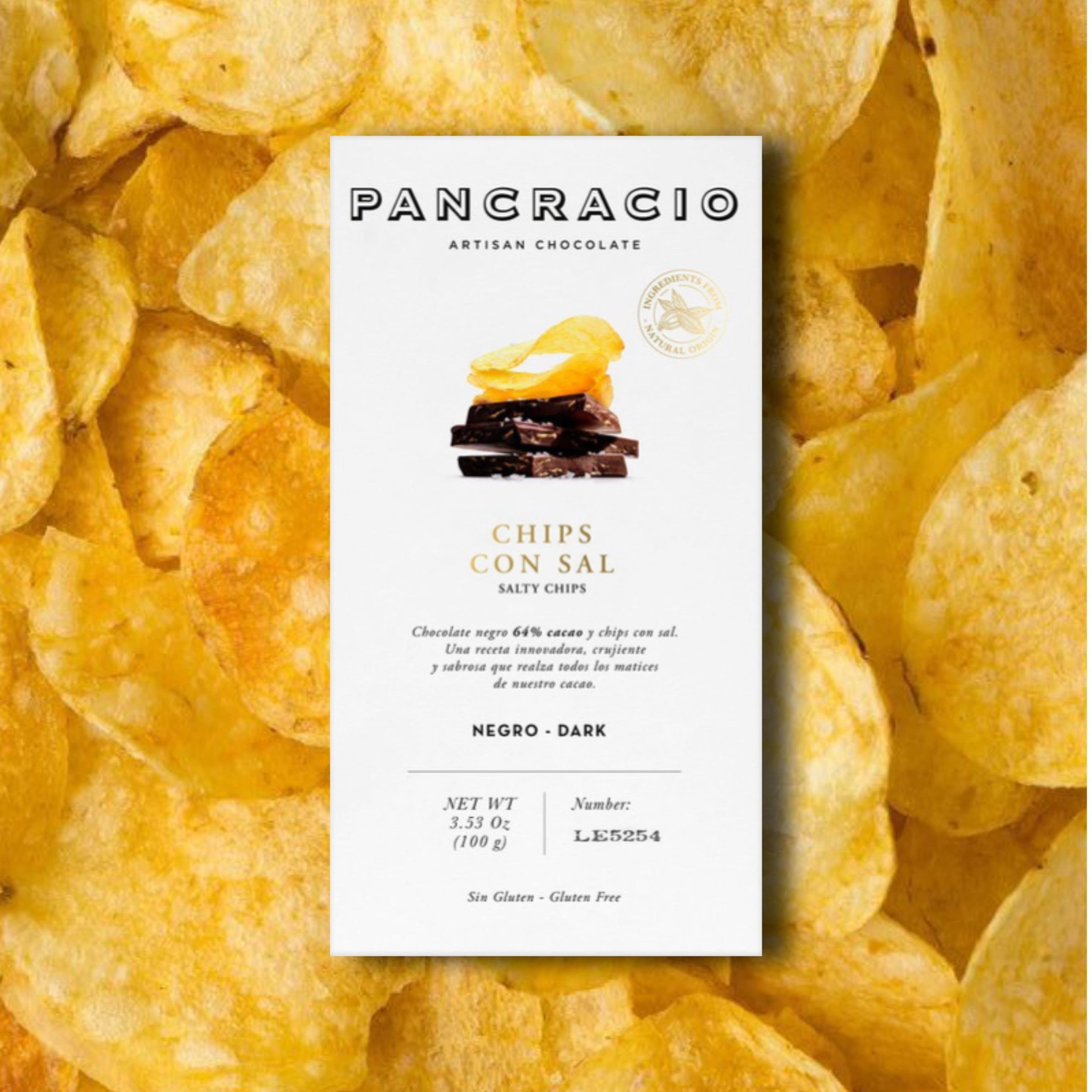 Tableta Pancracio de chocolate negro con chips y sal marina.