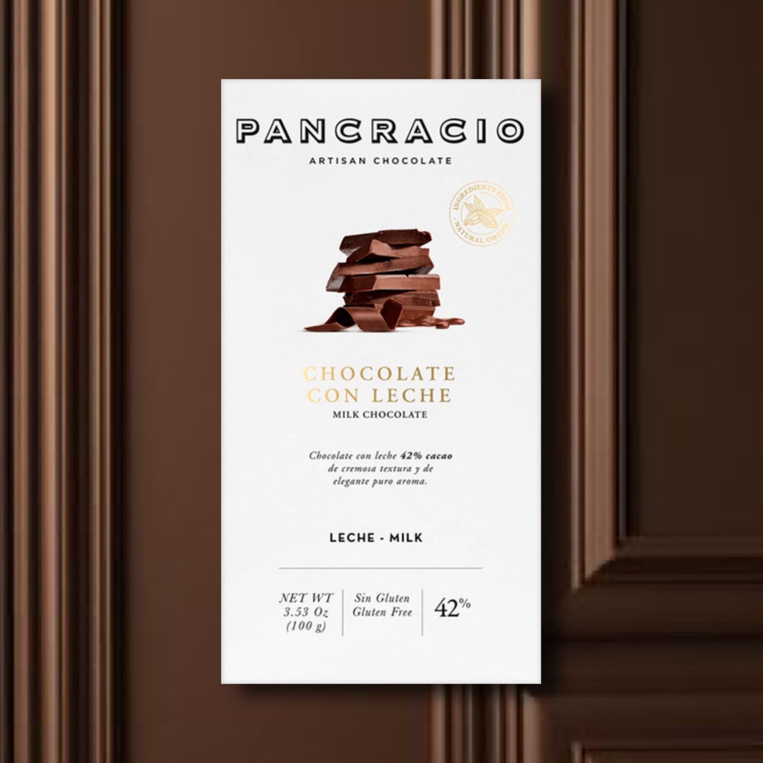 Tableta Pancracio de chocolate con leche 42% cacao.