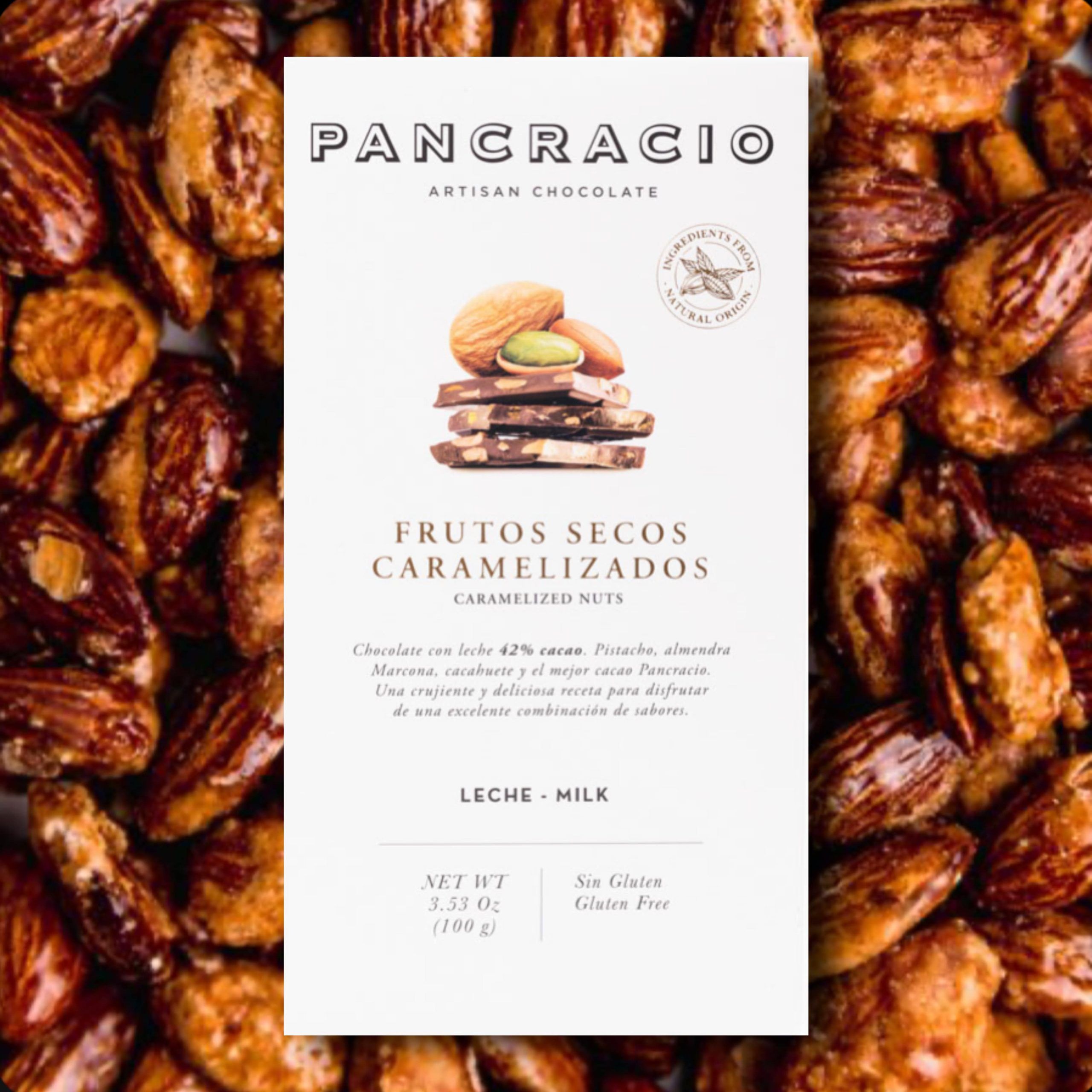 Chocolate con leche Pancracio con frutos secos caramelizados.