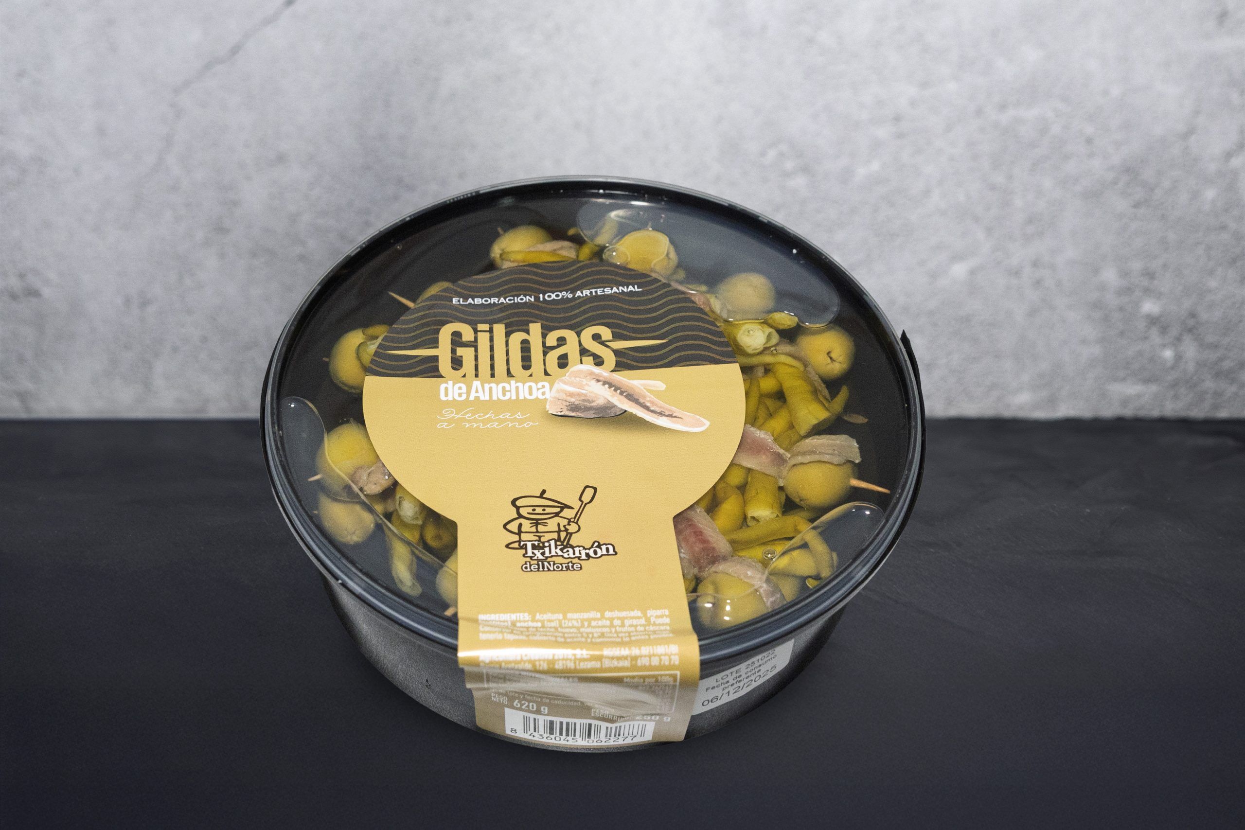 Gildas de anchoa artesanas El Txicarrón del Norte en pack de 620 g — aperitivo vasco con anchoas del Cantábrico, piparras y aceitunas.