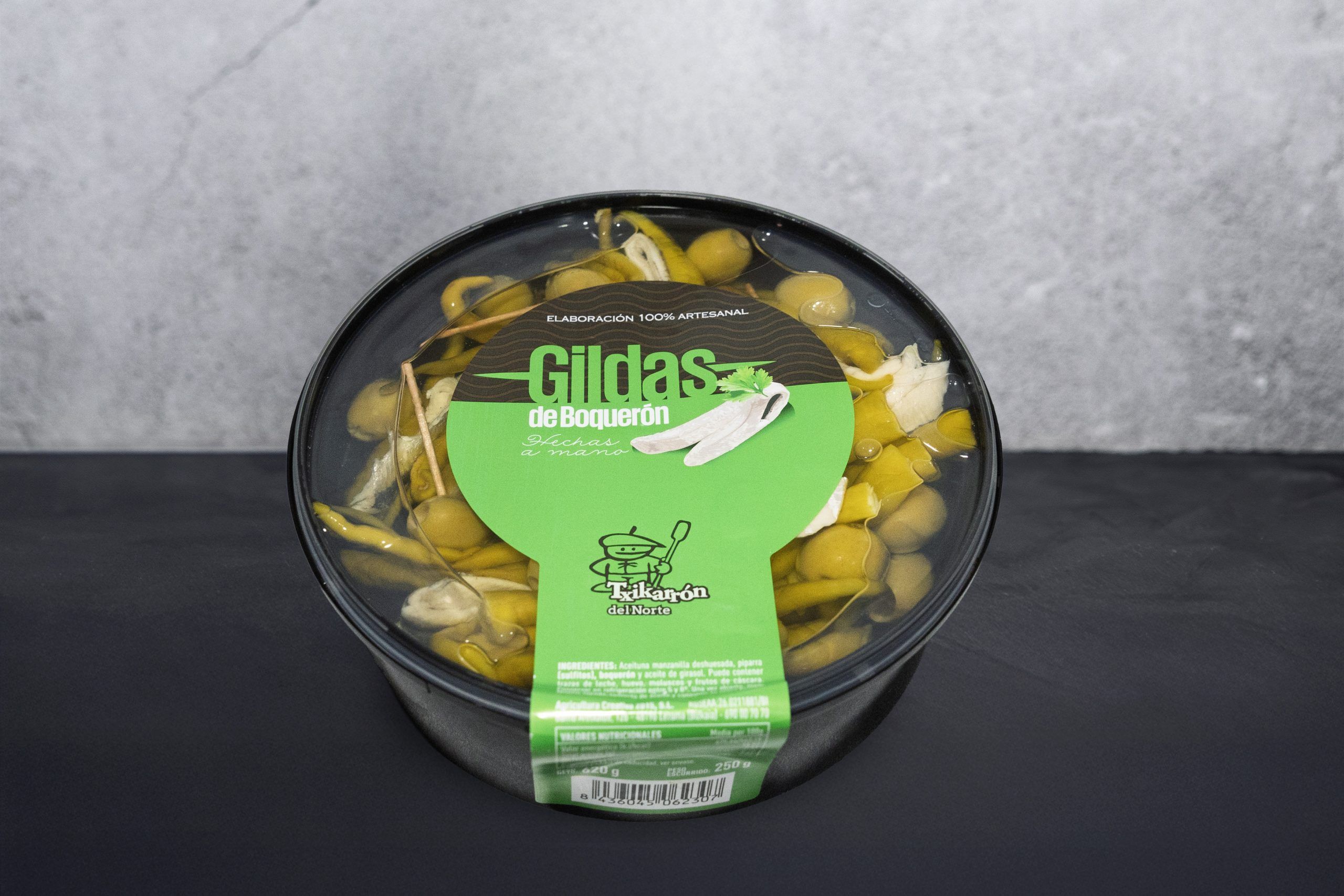 Gildas de Boquerón artesanas El Txicarrón del Norte en pack de 620 g — aperitivo vasco con boquerones del Cantábrico, piparras y aceitunas.